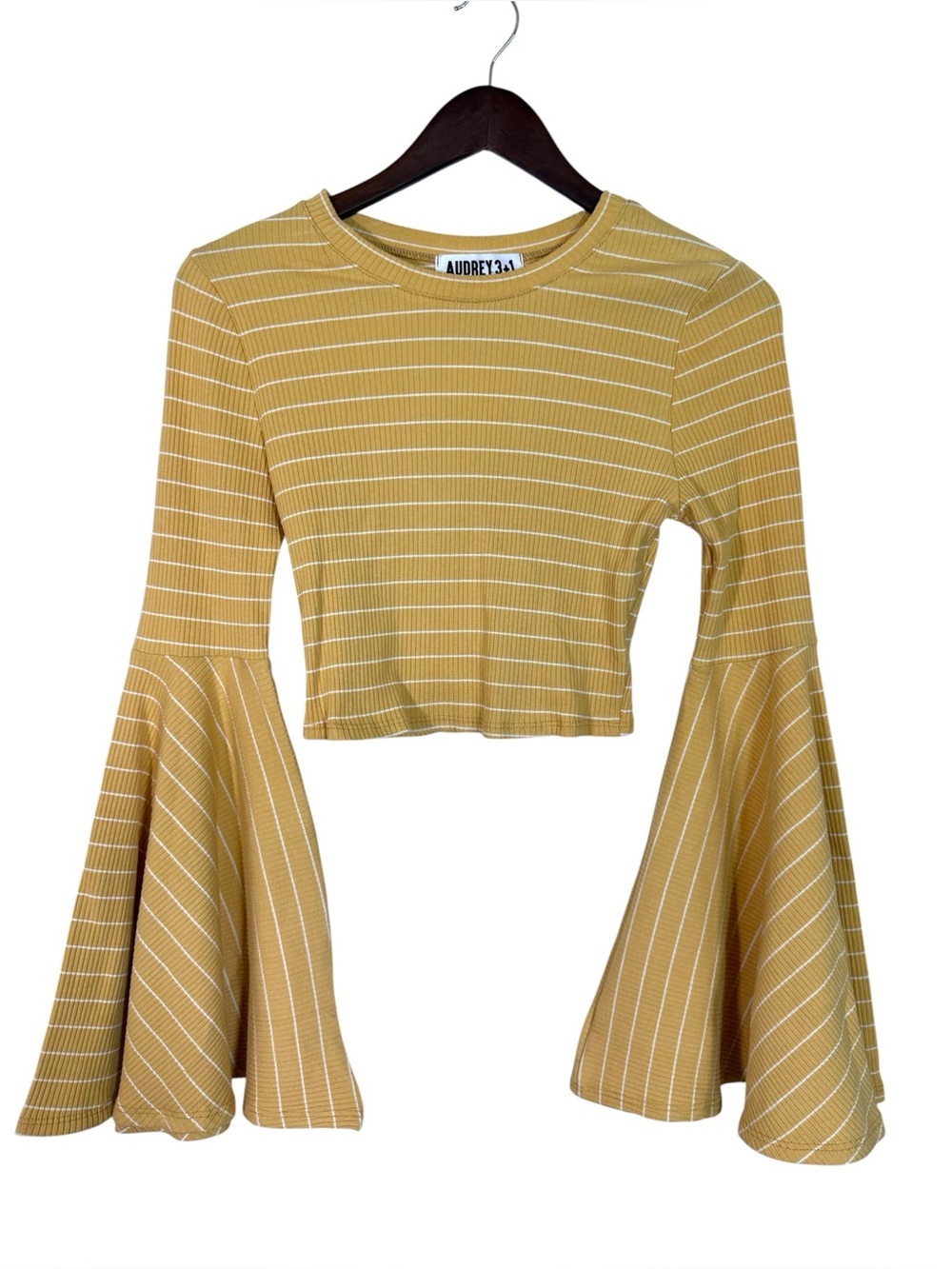 Audrey 3+1 Mustard Striped Bell-Sleeve Crop Top Ribbed Knit Size L NWT